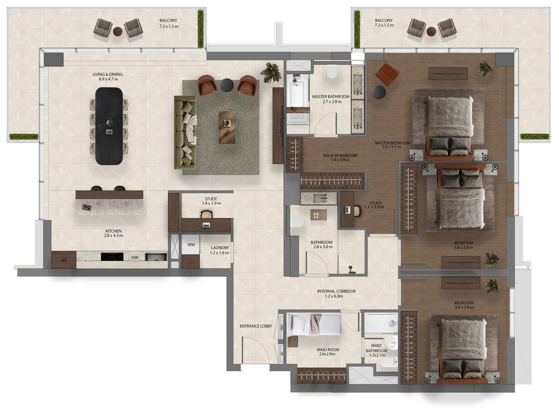 Планировка: Kanso Residence, 3 спальни, тип 01